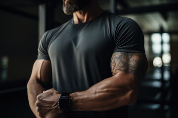 Close-up of a muscular man with tattoos adjusting his smartwatch. - obrazy, fototapety, plakaty
