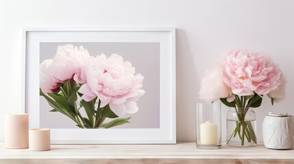 floral elegance. Frame a still life scene with pink peonies flowers in a glass vase on a wooden table, complemented by a white horizontal picture frame mockup.