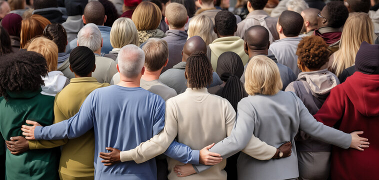 Behind View Of Group Of Diverse People Holding And Embracing Each Other