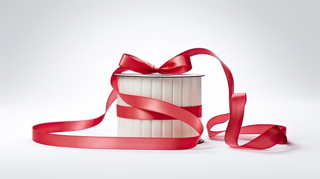 a red narrow festive ribbon elegantly arranged on a reel against a white plain paper background, for occasions like Women's Day, Birthday, Mother's Day, and Valentine's Day.