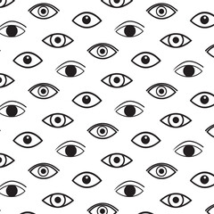 Eyes seamless pattern. Black outline doodle simple icon collection repeat on white background. Vector illustration.