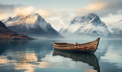 Small wooden boat on the surface of the beautiful lake in amazing mountain landscape