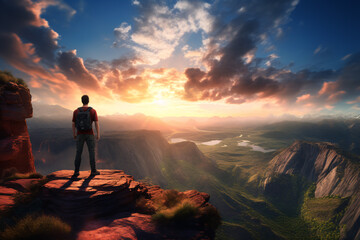 A solitary trekker perched atop a magnificent precipice, admiring a striking sundown over the immense untamed region.