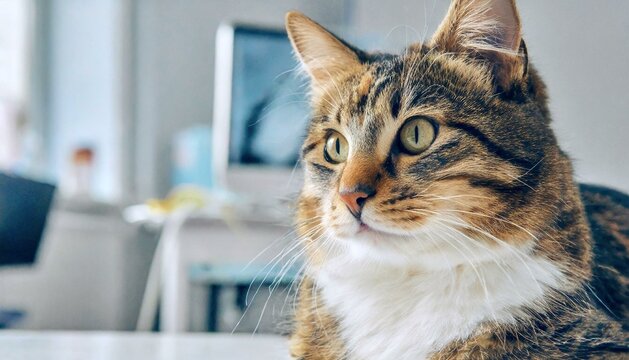 cute fluffy cat sitting in office room, 16:9 widescreen background / wallpaper	

