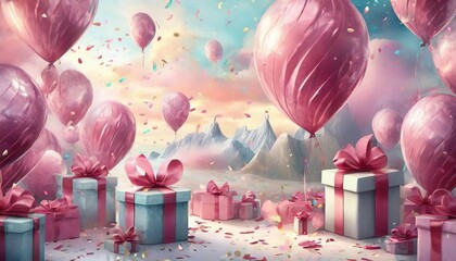 pink balloons and gift boxes with ribbons on white background 3d render 3d render of birthday background with gift box balloons and confettigenerated