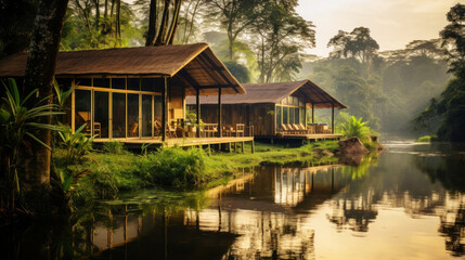 Fototapeta na wymiar Eco-houses with outdoor terraces by the river, among the tropical forest, for quiet rest and relaxation