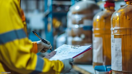 An employee is inspecting the toxic substance data sheet in the chemical storage area at the manufacturing site. Industrial safety measures in progress. Focused shot. - obrazy, fototapety, plakaty