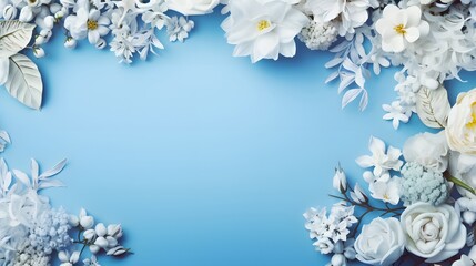 Fototapeta na wymiar Wedding flower frame on blue background from above. Beautiful floral pattern. Flat lay style.