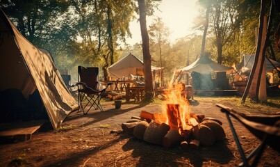 Close up photo of amazing fire pit near the tent in the forest. Camping theme. - obrazy, fototapety, plakaty