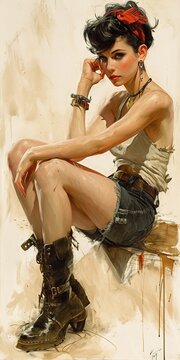 Beautiful rockabilly woman, short hair, tomboy but pronounced feminine features, hillbilly shorts, boots, sleeveless, hand drawn painting