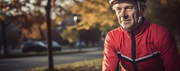 Deurstickers Man cyclist wearing cycling helmet in the city park background. © Filip