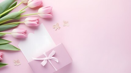 Women Day, Mother day background with envelope, gift box and beautiful spring tulip flowers on pastel pink desk. Flat lay.