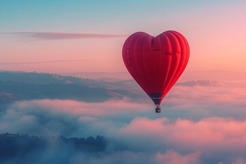 Obraz premium Stunning crimson hot air balloon heart floating in a sunny, vibrant sunrise sky with hazy peaks in the backdrop, perfect for a romantic Valentine's Day adventure or active getaway.