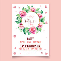 Vector illustration Watercolor Happy Valentine's day party celebration poster template  | Valentine Birthday Invitation | with Rose flower , red heart and golden frame .