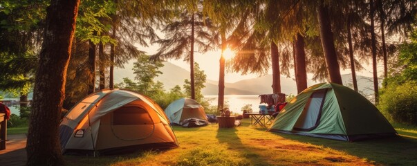 Tents at amazing camping site in the forest near the lake. Camping theme. - obrazy, fototapety, plakaty