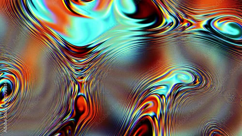 Poster 3D Animation 4k loop. Abstract colorful background of a looping animated iridescent reflective material with swirling texture, Abstract liquid surface