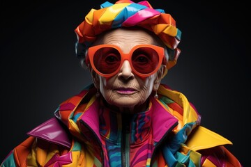 a elderly Woman model in colorful glasses, in the style of pop art influence