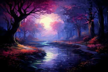 Fototapeta premium Tranquil moonlit ponds, reflecting the serenity of the night sky - Generative AI