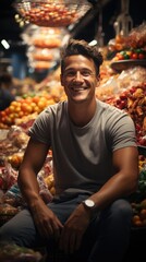 A cheerful man sits in front of a vibrant fruit and vegetable stand, showcasing fresh produce with confidence. Generative AI.