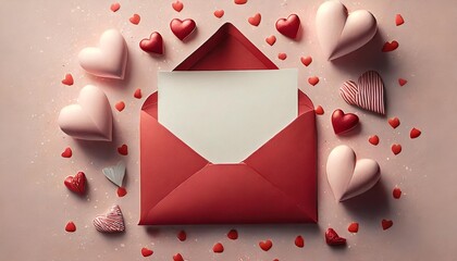 red paper envelope with blank white note mockup inside and valentines hearts on pink background flat lay top view romantic love letter for valentine s day concept