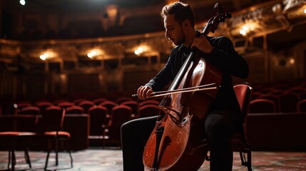 Ethereal footage of a Male Cellist Performing a Cello Solo on a Vacant Traditional Theatre Platform with Intense Illumination. Skilled Musician Practicing Prior to a Major Performance with Symphony. - obrazy, fototapety, plakaty