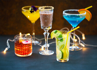 Different cold refreshing cocktails on the table