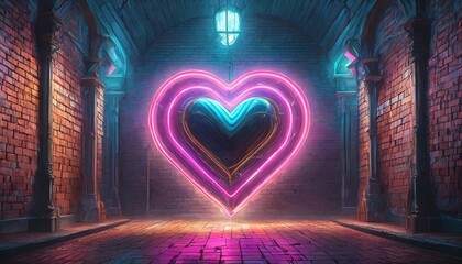 neon heart with a glow on the background of a dark brick wall neon sign pink and blue created with generativetechnology