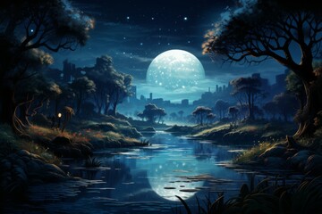 Fototapeta na wymiar Tranquil moonlit ponds, reflecting the serenity of the night sky - Generative AI
