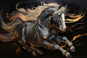 Elegant horse on black background with golden lines and colorful marble. Beautiful canvas art decor. Generative AI