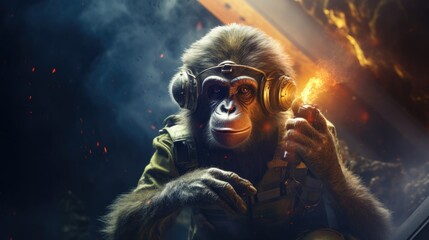 A cool monkey in headphones holds a fiery flame, creating a unique and captivating image. Generative AI. - obrazy, fototapety, plakaty