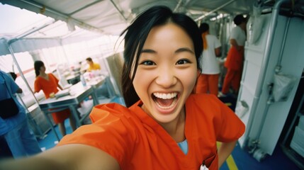 Fototapeta premium A woman in an orange uniform taking a selfie. Generative AI.