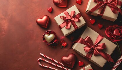 top view photo of saint valentine s day decorations presents gift boxes on red background with copyspace