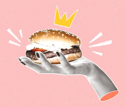 A woman's hand holds a big burger with a crown. Modern pop art illustration of fast food with halftone effect in retro collage style.