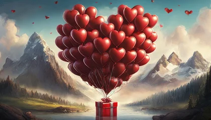 Poster bunch of bright red balloons arranged in heart shape floating gift for love on white background 3d rendering © Robert