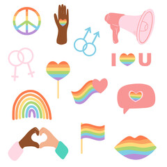 Pride month concept, gender equality, people diversity. Set of elements such as rainbow flag, heart, lips, male and female symbol, megaphone.