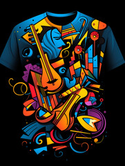 T-shirt design, a highly stylized jazz band in full swing, captured in the vibrant created with Generative Ai