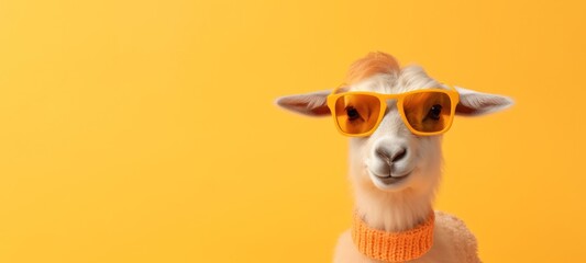 Funny easter animal banner - Closeup of white goat with sunglasses, isolated on yellow background