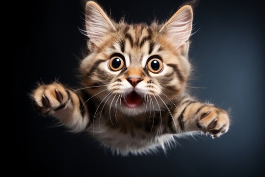 Amusing feline soaring. Image of a mischievous striped cat leaping in the air gazing at the lens. Backdrop with area for text.