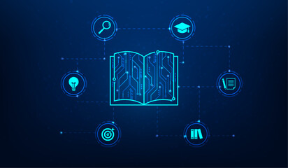 education technology online learning on blue background. open book digital online. e learning concept. studying and knowledge. vector illustration hi-tech line and dot concept.