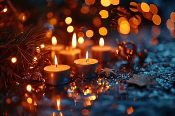 Festive bokeh background with golden burning candles for New Year 2024 celebration.
