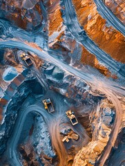 Aerial view of industrial area with sorting of materials, surface mine of colored minerals and heavy mining equipment, industrial backdrop. © ckybe