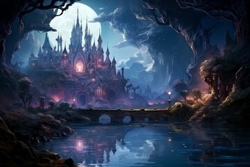 Fototapeta premium Tranquil moonlit ponds, reflecting the serenity of the night sky - Generative AI
