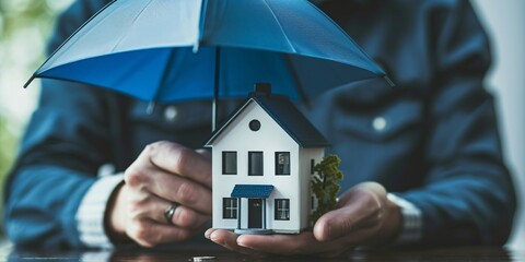 A male agent with a navy umbrella shields a contemporary ivory residence model, representing insurance for property and real estate. - obrazy, fototapety, plakaty