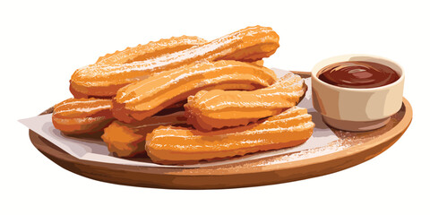 Churros with chocolate sauce, traditional spanish dessert on wood plate, cafe menu, vector illustration isolated on white background