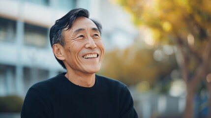Aged Asian gentleman in dark pullover grinning joyfully gazing at the camera.