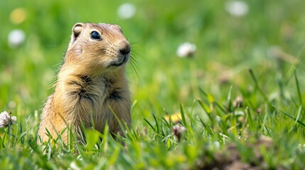 Naklejka na ściany i meble The Russian landscape features the Mountain Caucasian Gopher or Spermophilus musicus among the grass.