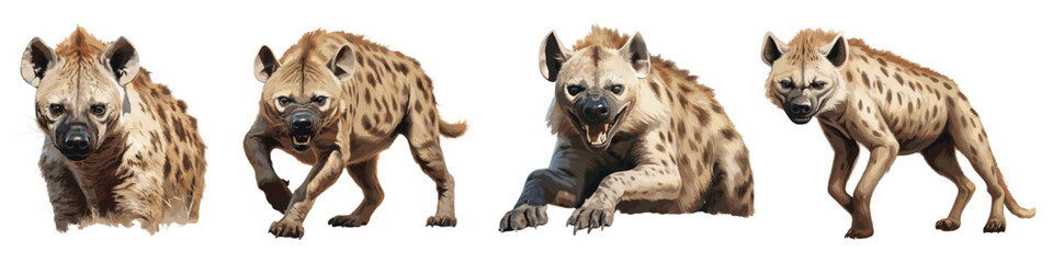 Set of standing, walking, sitting hyenas, savannah africa, animal, vector illustration isolated on white background