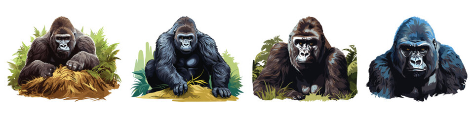 Fototapeta premium A realistic Mountain gorilla, a gorilla sitting on the ground, wildlife animal, vector illustration isolated on white background