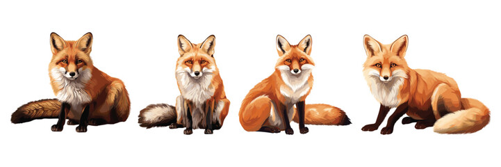 Set of red foxes vulpes, common foxes, wildlife animal, vector illustration isolated on white background