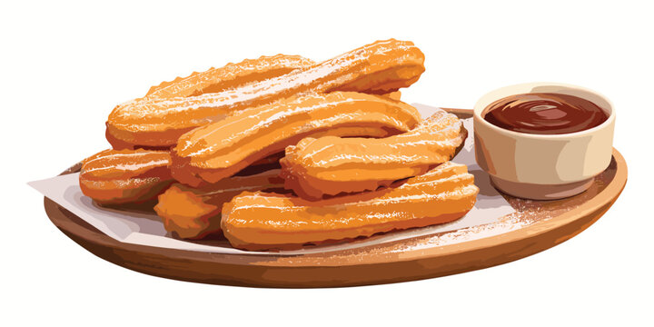 Churros with chocolate sauce, traditional spanish dessert on wood plate, cafe menu, vector illustration isolated on white background